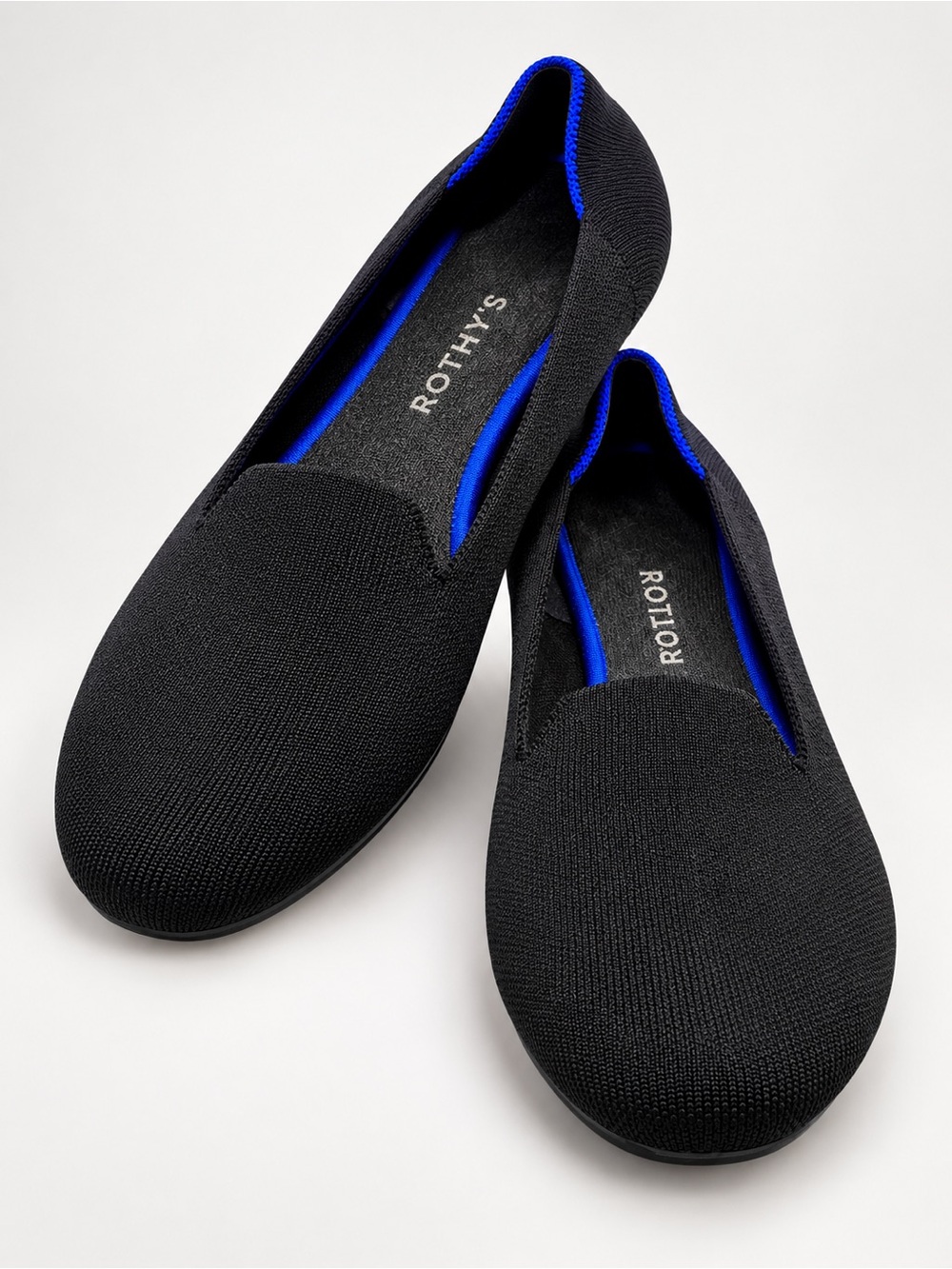 Rothy's The Loafer Black Solid Blue Halo Knit Slip On Flat Shoes Women's 10
